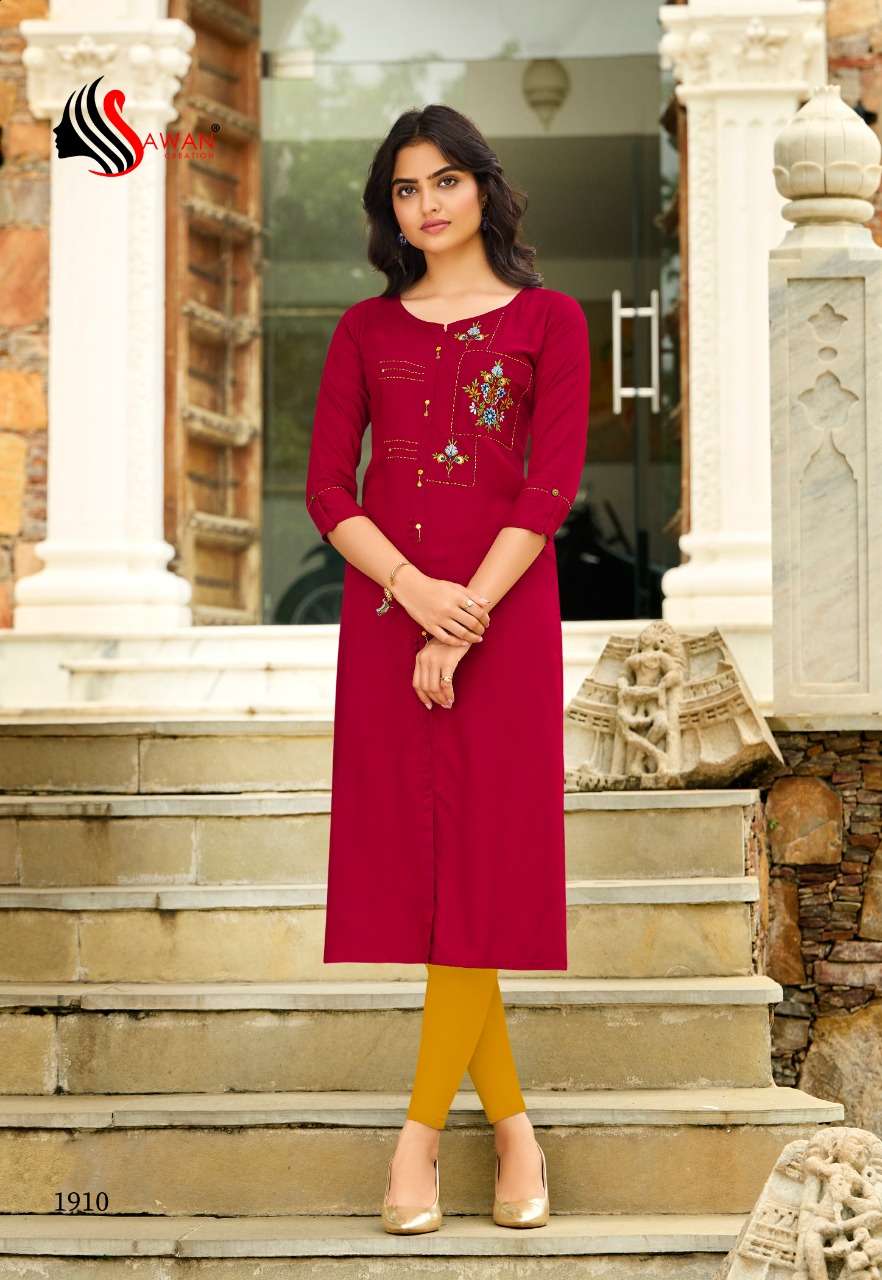 HONEY VOL-19 BY SAWAN CREATION 1901 TO 1912 SERIES DESIGNER STYLISH FANCY COLORFUL BEAUTIFUL PARTY WEAR & ETHNIC WEAR COLLECTION RAYON EMBROIDERY KURTIS AT WHOLESALE PRICE
