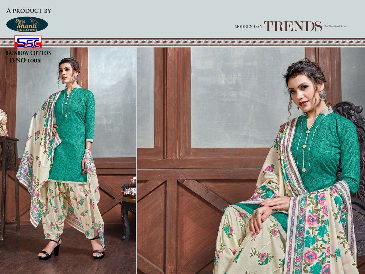 RAINBOW COTTON BY SHREE SHANTI CREAYION 1001 TO 1010 SERIES BEAUTIFUL STYLISH SHARARA SUITS FANCY COLORFUL CASUAL WEAR & ETHNIC WEAR & READY TO WEAR HEAVY COTTON PRINTED DRESSES AT WHOLESALE PRICE