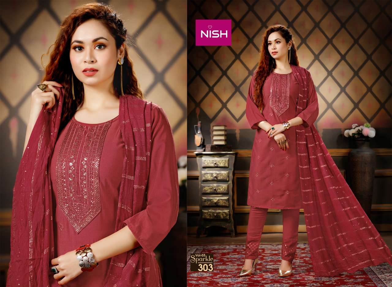 SPARKLE VOL-3 BY NISH 301 TO 306 SERIES BEAUTIFUL SUITS COLORFUL STYLISH FANCY CASUAL WEAR & ETHNIC WEAR HEAVY CHINNON DRESSES AT WHOLESALE PRICE