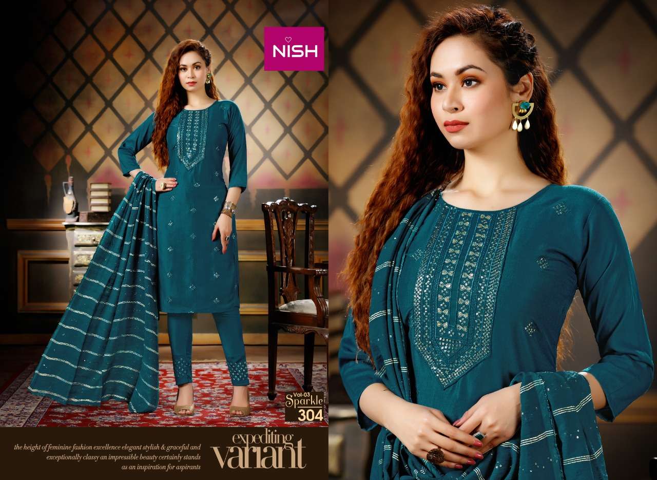 SPARKLE VOL-3 BY NISH 301 TO 306 SERIES BEAUTIFUL SUITS COLORFUL STYLISH FANCY CASUAL WEAR & ETHNIC WEAR HEAVY CHINNON DRESSES AT WHOLESALE PRICE