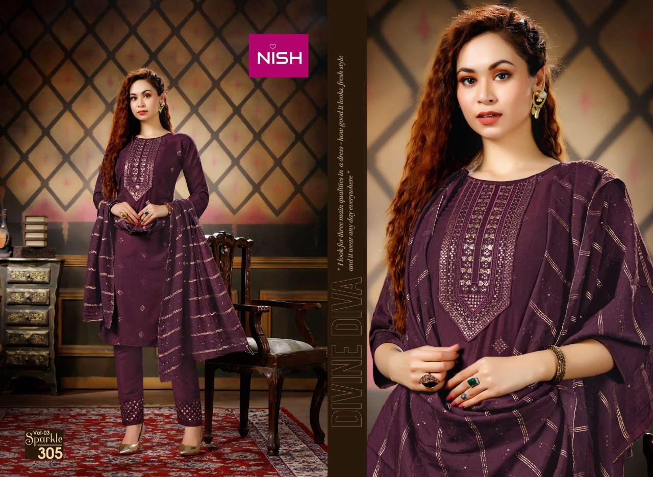 SPARKLE VOL-3 BY NISH 301 TO 306 SERIES BEAUTIFUL SUITS COLORFUL STYLISH FANCY CASUAL WEAR & ETHNIC WEAR HEAVY CHINNON DRESSES AT WHOLESALE PRICE