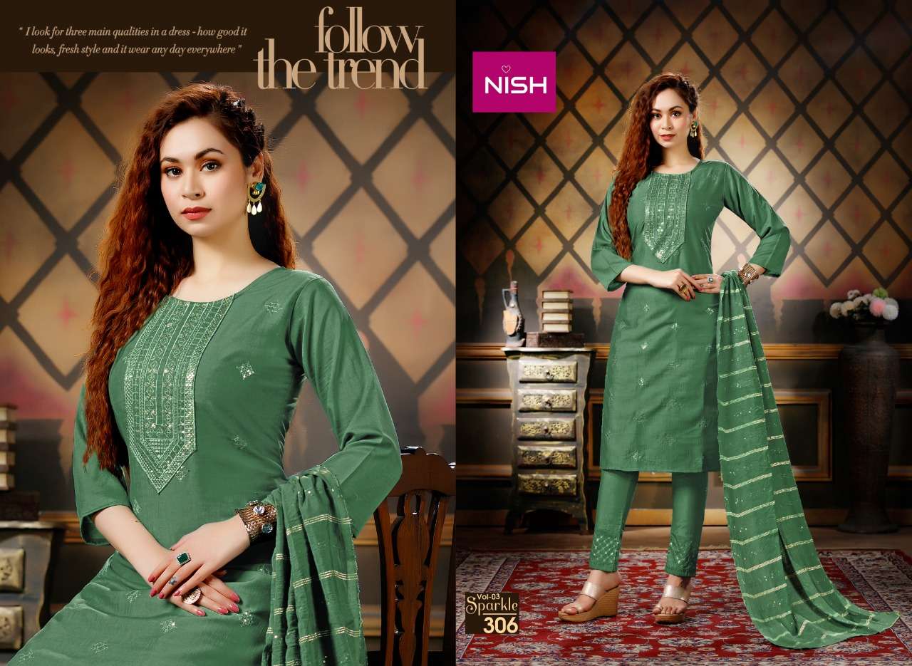 SPARKLE VOL-3 BY NISH 301 TO 306 SERIES BEAUTIFUL SUITS COLORFUL STYLISH FANCY CASUAL WEAR & ETHNIC WEAR HEAVY CHINNON DRESSES AT WHOLESALE PRICE