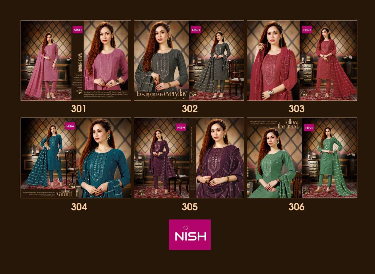 SPARKLE VOL-3 BY NISH 301 TO 306 SERIES BEAUTIFUL SUITS COLORFUL STYLISH FANCY CASUAL WEAR & ETHNIC WEAR HEAVY CHINNON DRESSES AT WHOLESALE PRICE