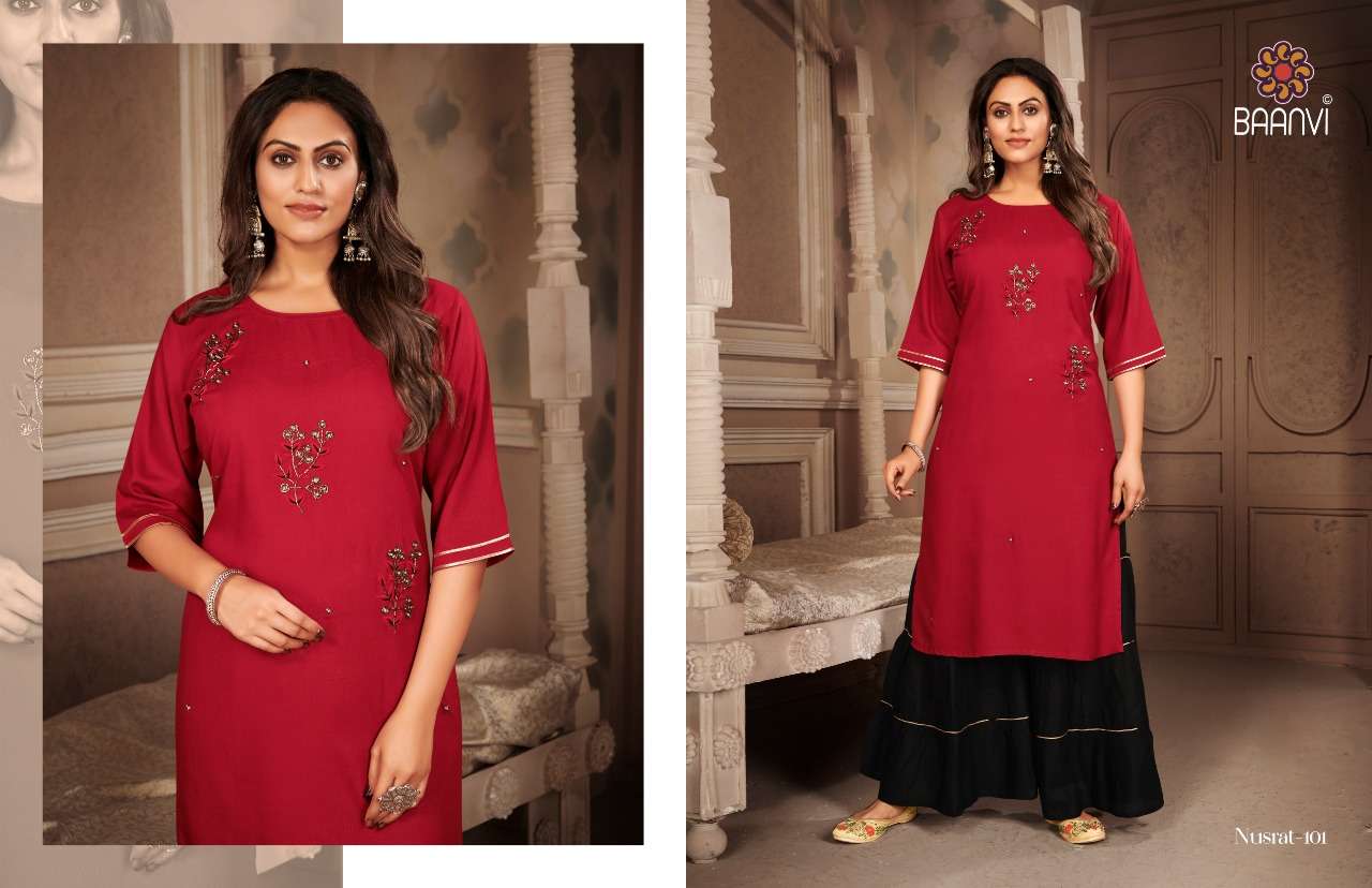 NUSRAT BY BAANVI 101 TO 104 SERIES DESIGNER STYLISH FANCY COLORFUL BEAUTIFUL PARTY WEAR & ETHNIC WEAR COLLECTION RAYON SLUB WITH WORK KURTIS WITH BOTTOM AT WHOLESALE PRICE