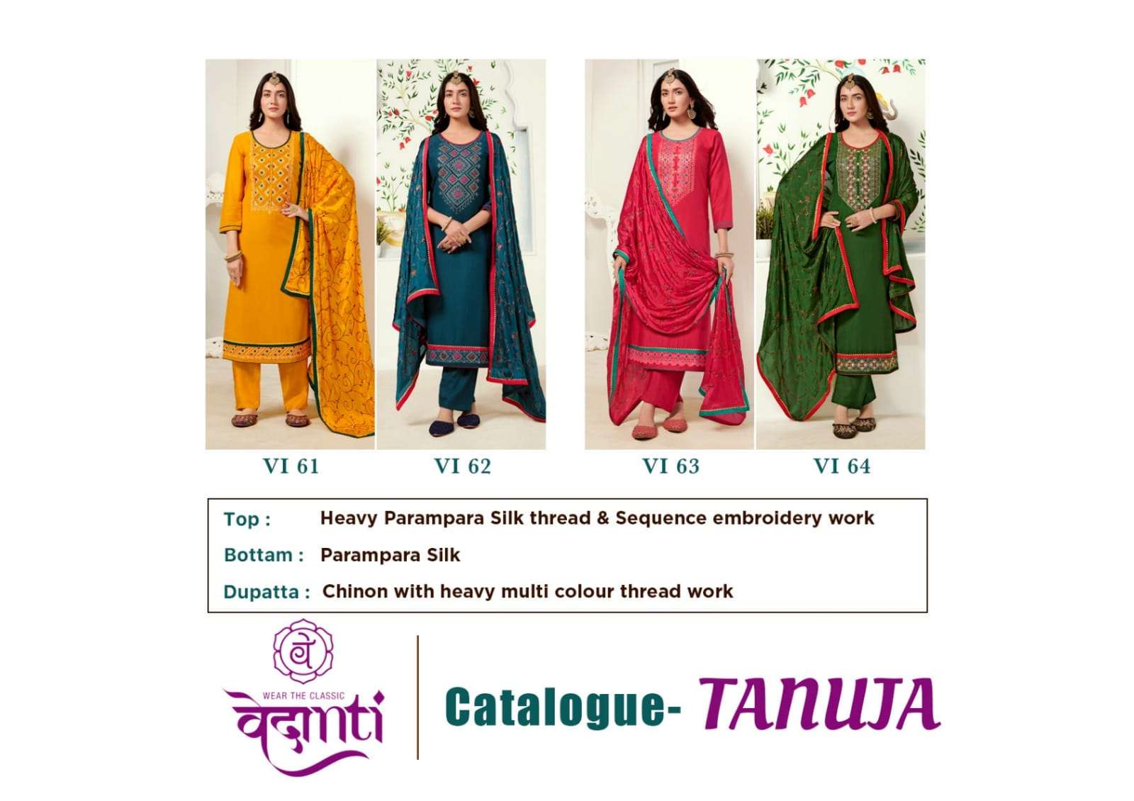 TANUJA BY VEDANTI 61 TO 64 SERIES BEAUTIFUL SUITS COLORFUL STYLISH FANCY CASUAL WEAR & ETHNIC WEAR HEAVY PARAMPARA SILK DRESSES AT WHOLESALE PRICE