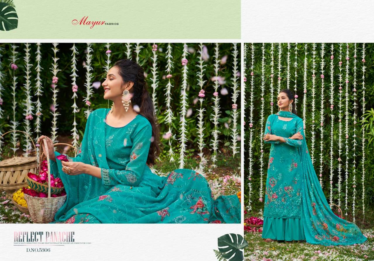 ZARNAA BY MAYUR FABRICS 5301 TO 5308 SERIES BEAUTIFUL STYLISH SHARARA SUITS FANCY COLORFUL CASUAL WEAR & ETHNIC WEAR & READY TO WEAR GEORGETTE DIGITAL PRINTED DRESSES AT WHOLESALE PRICE