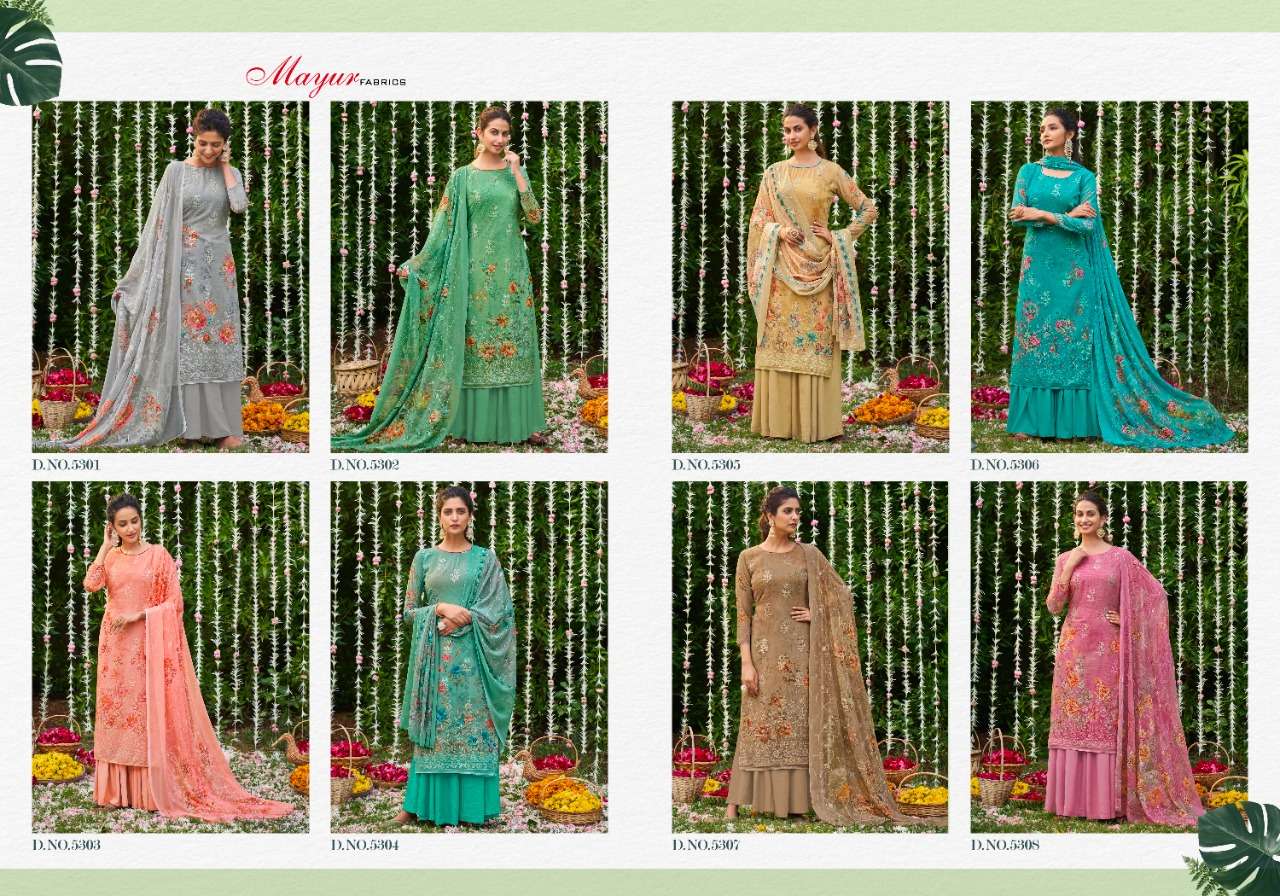 ZARNAA BY MAYUR FABRICS 5301 TO 5308 SERIES BEAUTIFUL STYLISH SHARARA SUITS FANCY COLORFUL CASUAL WEAR & ETHNIC WEAR & READY TO WEAR GEORGETTE DIGITAL PRINTED DRESSES AT WHOLESALE PRICE