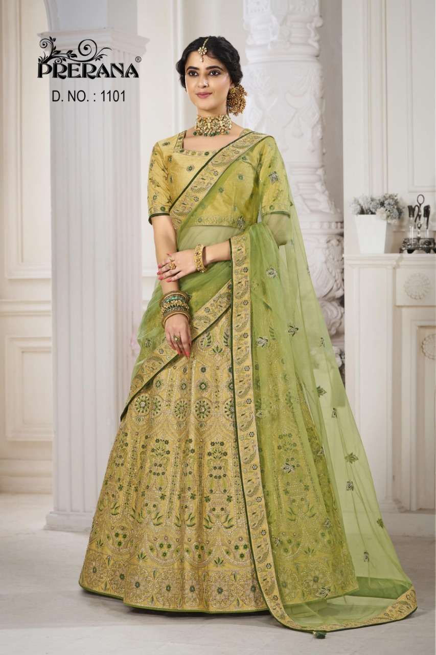 PRERANA 1101 SERIES BY PRERANA DESIGNER BEAUTIFUL NAVRATRI COLLECTION OCCASIONAL WEAR & PARTY WEAR SILK LEHENGAS AT WHOLESALE PRICE