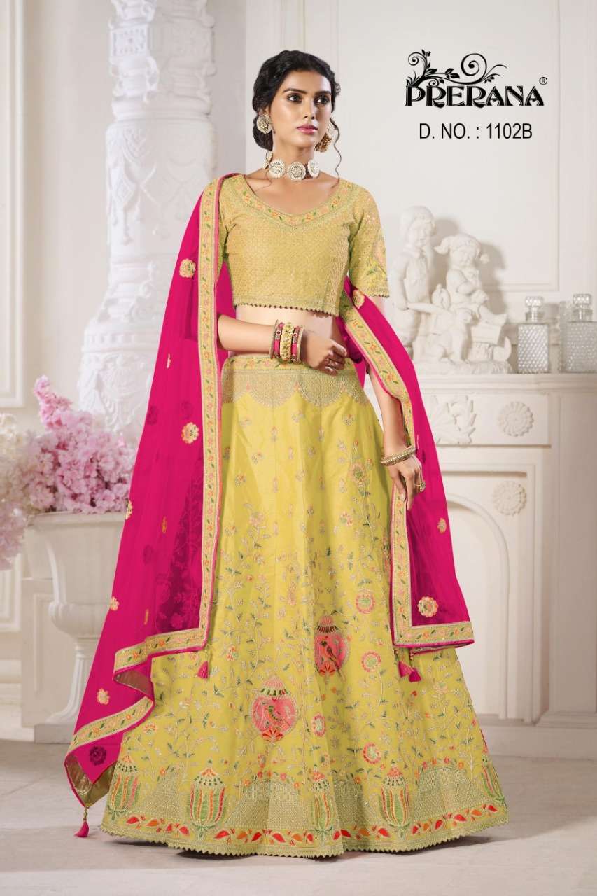 PRERANA 1101 SERIES BY PRERANA DESIGNER BEAUTIFUL NAVRATRI COLLECTION OCCASIONAL WEAR & PARTY WEAR SILK LEHENGAS AT WHOLESALE PRICE