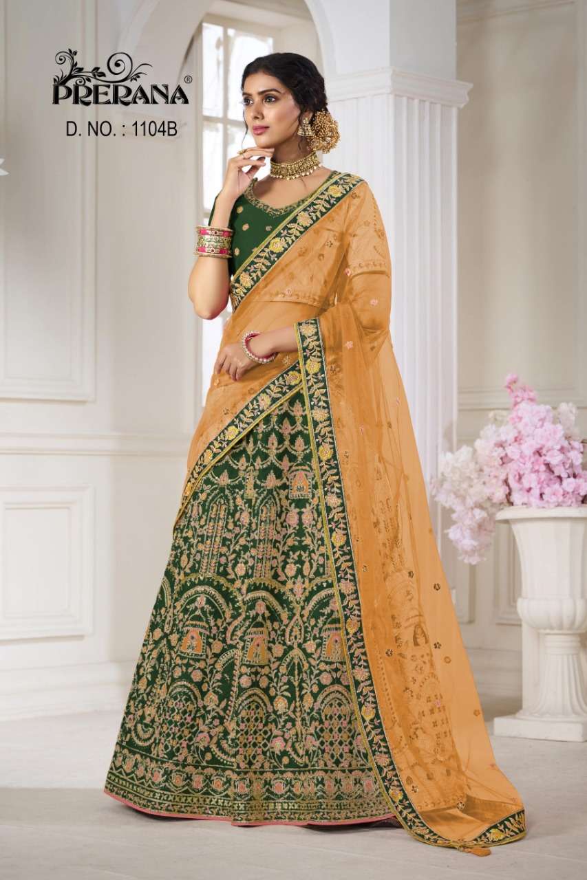 PRERANA 1101 SERIES BY PRERANA DESIGNER BEAUTIFUL NAVRATRI COLLECTION OCCASIONAL WEAR & PARTY WEAR SILK LEHENGAS AT WHOLESALE PRICE