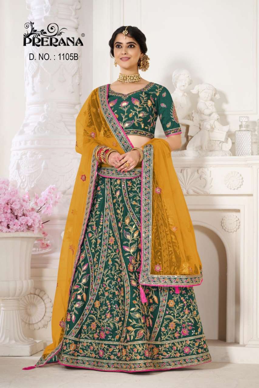 PRERANA 1101 SERIES BY PRERANA DESIGNER BEAUTIFUL NAVRATRI COLLECTION OCCASIONAL WEAR & PARTY WEAR SILK LEHENGAS AT WHOLESALE PRICE
