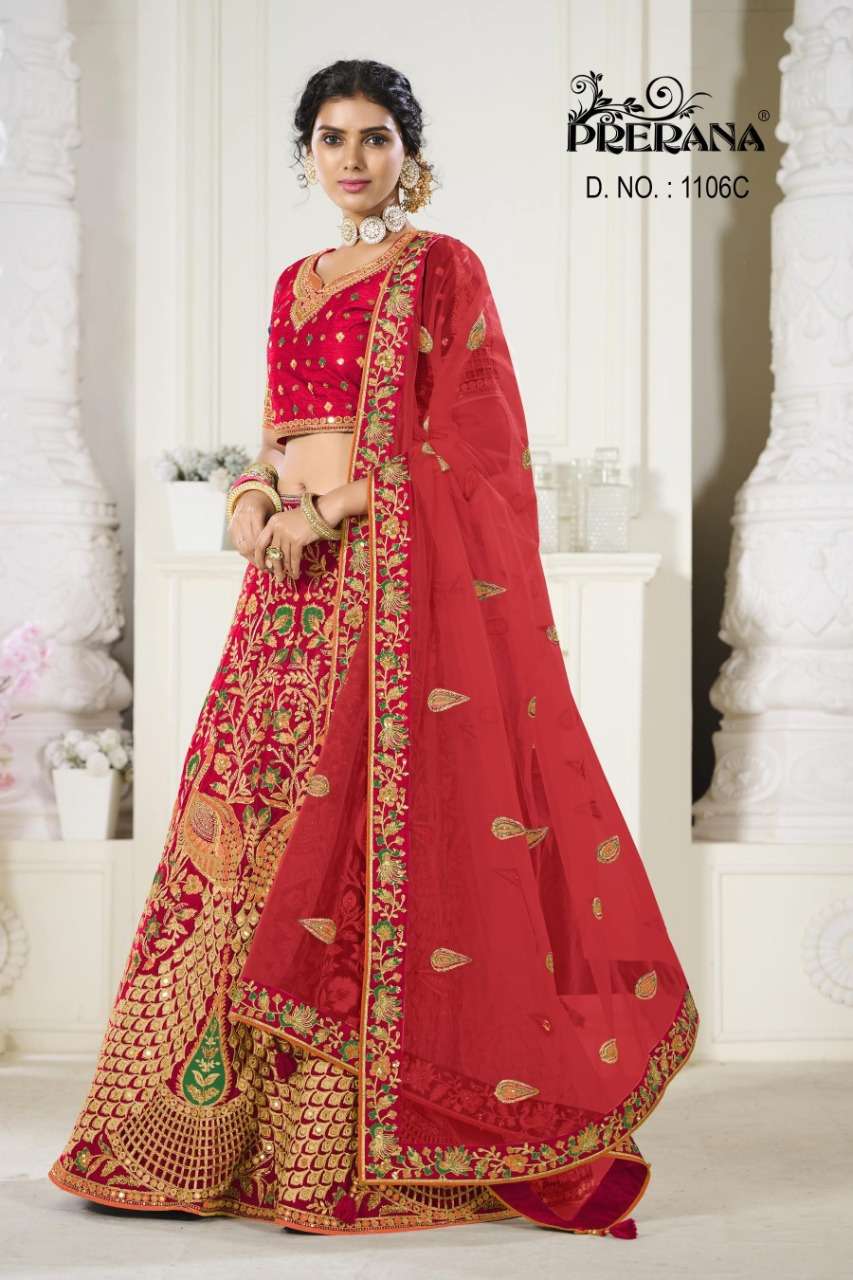 PRERANA 1101 SERIES BY PRERANA DESIGNER BEAUTIFUL NAVRATRI COLLECTION OCCASIONAL WEAR & PARTY WEAR SILK LEHENGAS AT WHOLESALE PRICE