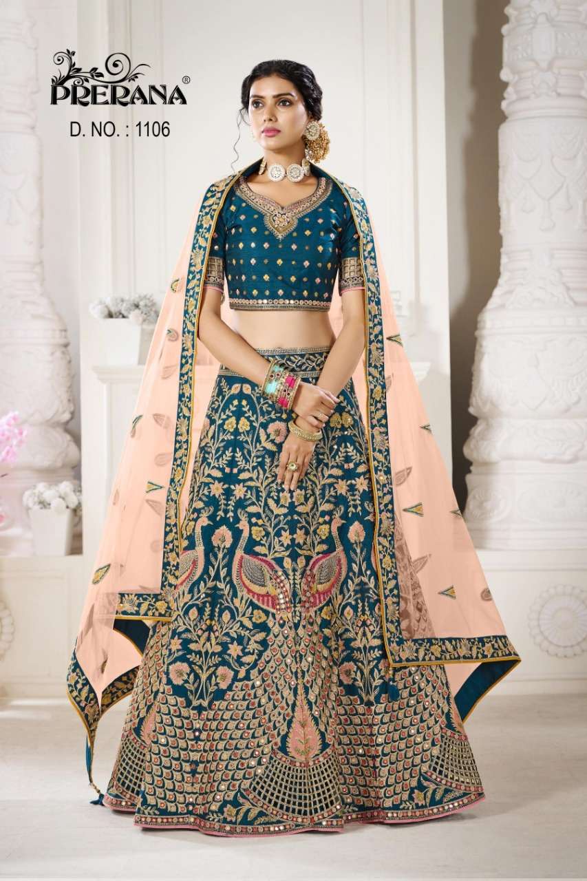 PRERANA 1101 SERIES BY PRERANA DESIGNER BEAUTIFUL NAVRATRI COLLECTION OCCASIONAL WEAR & PARTY WEAR SILK LEHENGAS AT WHOLESALE PRICE