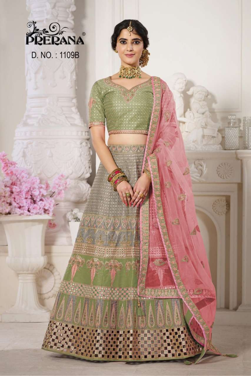 PRERANA 1101 SERIES BY PRERANA DESIGNER BEAUTIFUL NAVRATRI COLLECTION OCCASIONAL WEAR & PARTY WEAR SILK LEHENGAS AT WHOLESALE PRICE