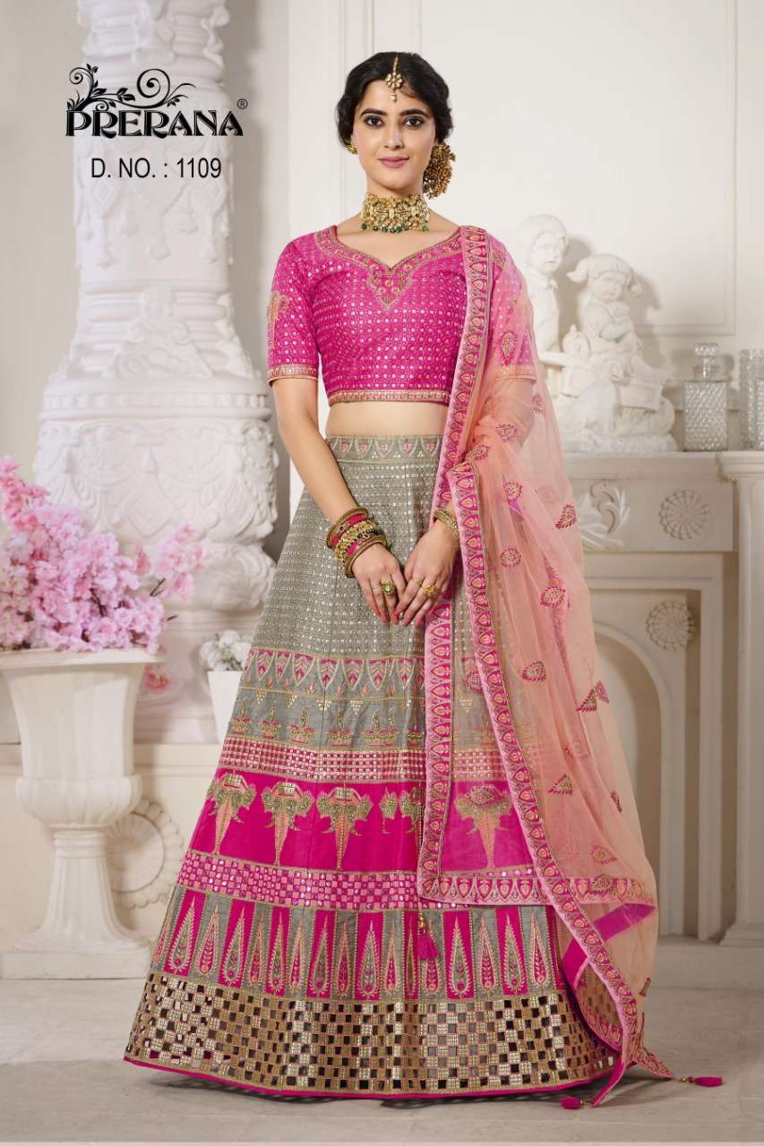 PRERANA 1101 SERIES BY PRERANA DESIGNER BEAUTIFUL NAVRATRI COLLECTION OCCASIONAL WEAR & PARTY WEAR SILK LEHENGAS AT WHOLESALE PRICE