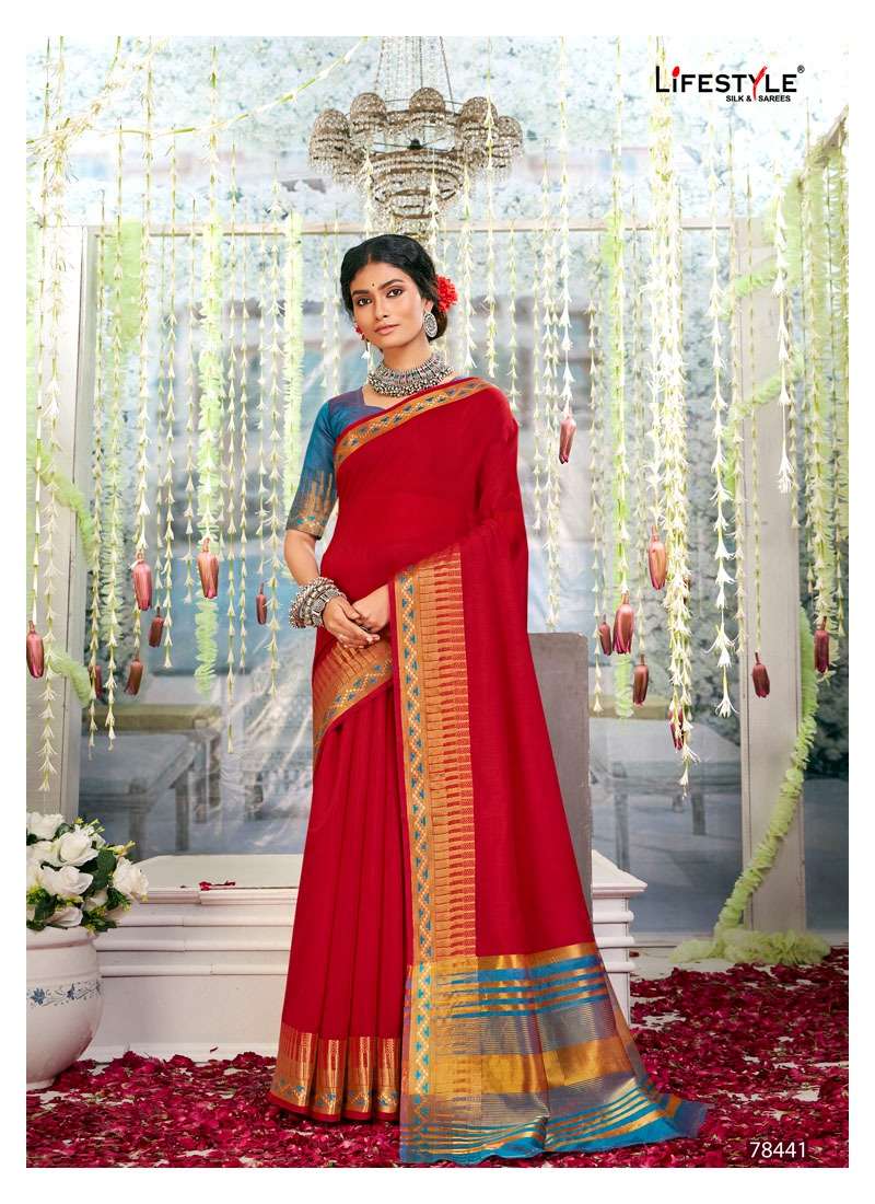 EVERGREEN BY LIFESTYLE 78441 TO 78446 SERIES INDIAN TRADITIONAL WEAR COLLECTION BEAUTIFUL STYLISH FANCY COLORFUL PARTY WEAR & OCCASIONAL WEAR CHANDERI SAREES AT WHOLESALE PRICE