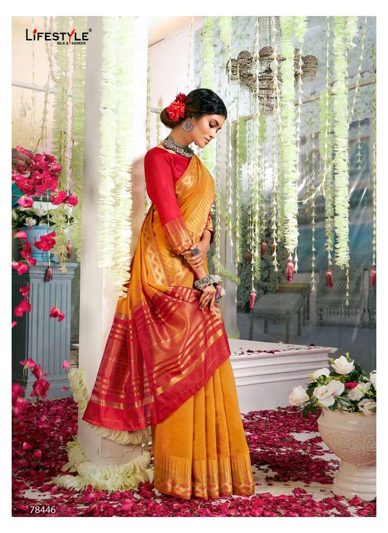 EVERGREEN BY LIFESTYLE 78441 TO 78446 SERIES INDIAN TRADITIONAL WEAR COLLECTION BEAUTIFUL STYLISH FANCY COLORFUL PARTY WEAR & OCCASIONAL WEAR CHANDERI SAREES AT WHOLESALE PRICE