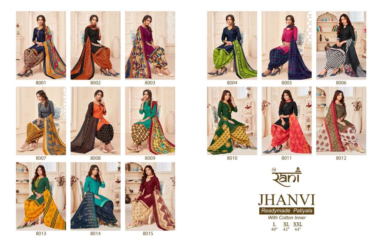 JHANVI BY RANI FASHION 8001 TO 8015 SERIES BEAUTIFUL PATIYALA SUITS COLORFUL STYLISH FANCY CASUAL WEAR & ETHNIC WEAR SOFT COTTON PRINT DRESSES AT WHOLESALE PRICE