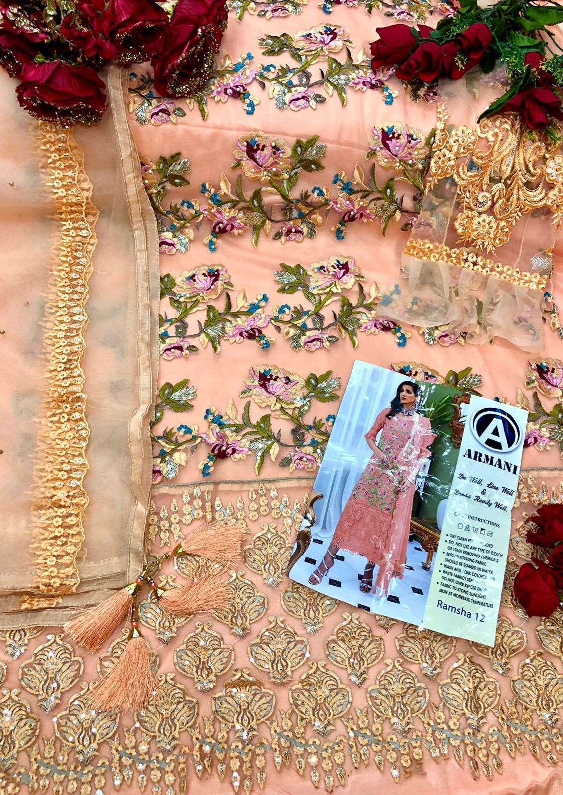 RAMSHA 12 COLOURS BY ARMANI 12-A TO 12-B SERIES PAKISTANI SUITS BEAUTIFUL FANCY COLORFUL STYLISH PARTY WEAR & OCCASIONAL WEAR BUTTERFLY NET WITH EMBROIDERY DRESSES AT WHOLESALE PRICE
