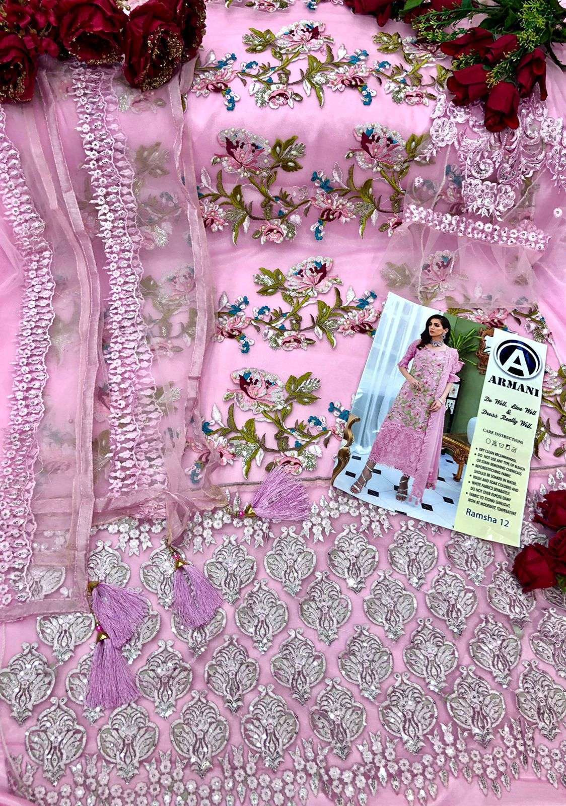 RAMSHA 12 COLOURS BY ARMANI 12-A TO 12-B SERIES PAKISTANI SUITS BEAUTIFUL FANCY COLORFUL STYLISH PARTY WEAR & OCCASIONAL WEAR BUTTERFLY NET WITH EMBROIDERY DRESSES AT WHOLESALE PRICE