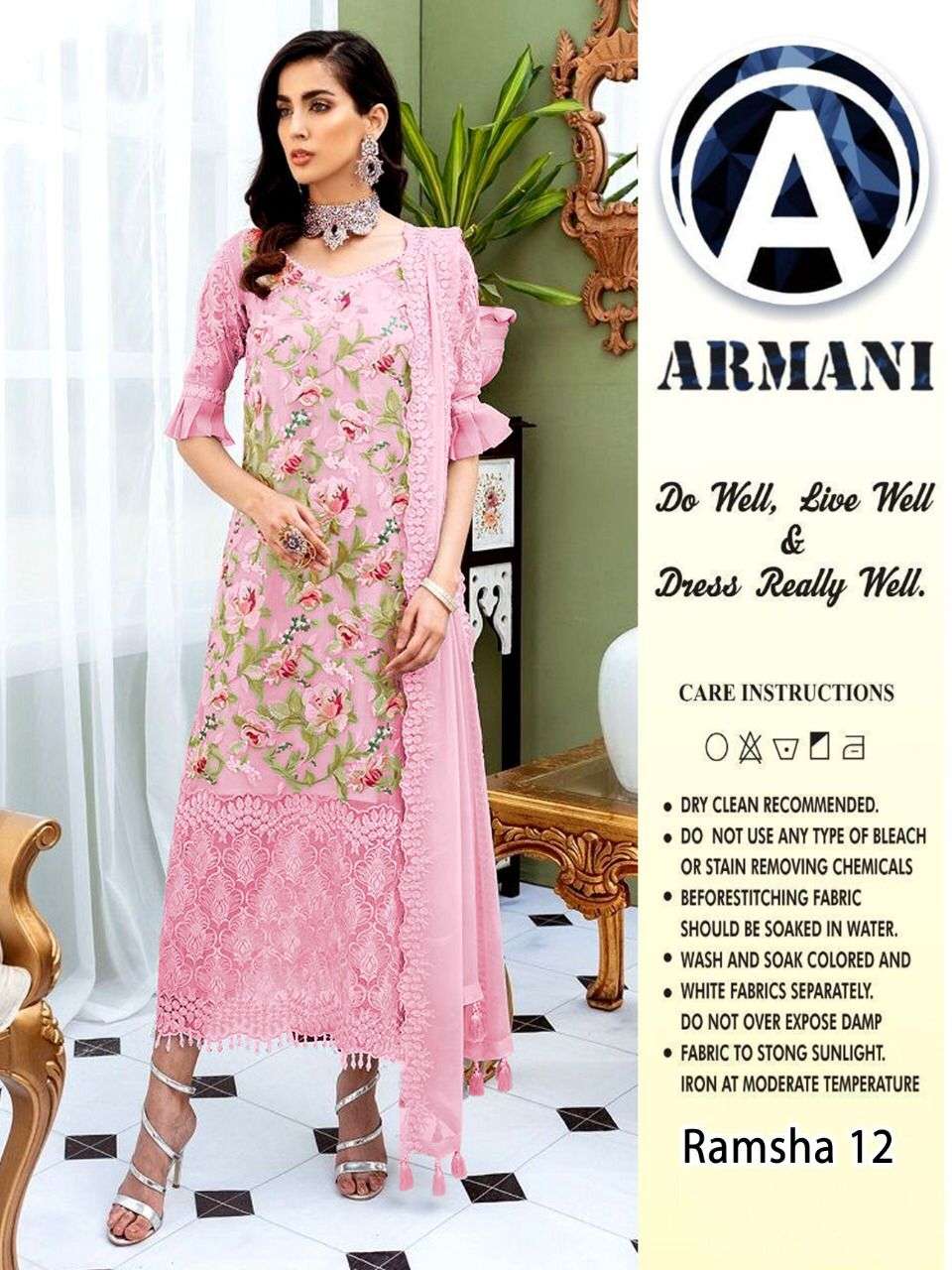RAMSHA 12 COLOURS BY ARMANI 12-A TO 12-B SERIES PAKISTANI SUITS BEAUTIFUL FANCY COLORFUL STYLISH PARTY WEAR & OCCASIONAL WEAR BUTTERFLY NET WITH EMBROIDERY DRESSES AT WHOLESALE PRICE