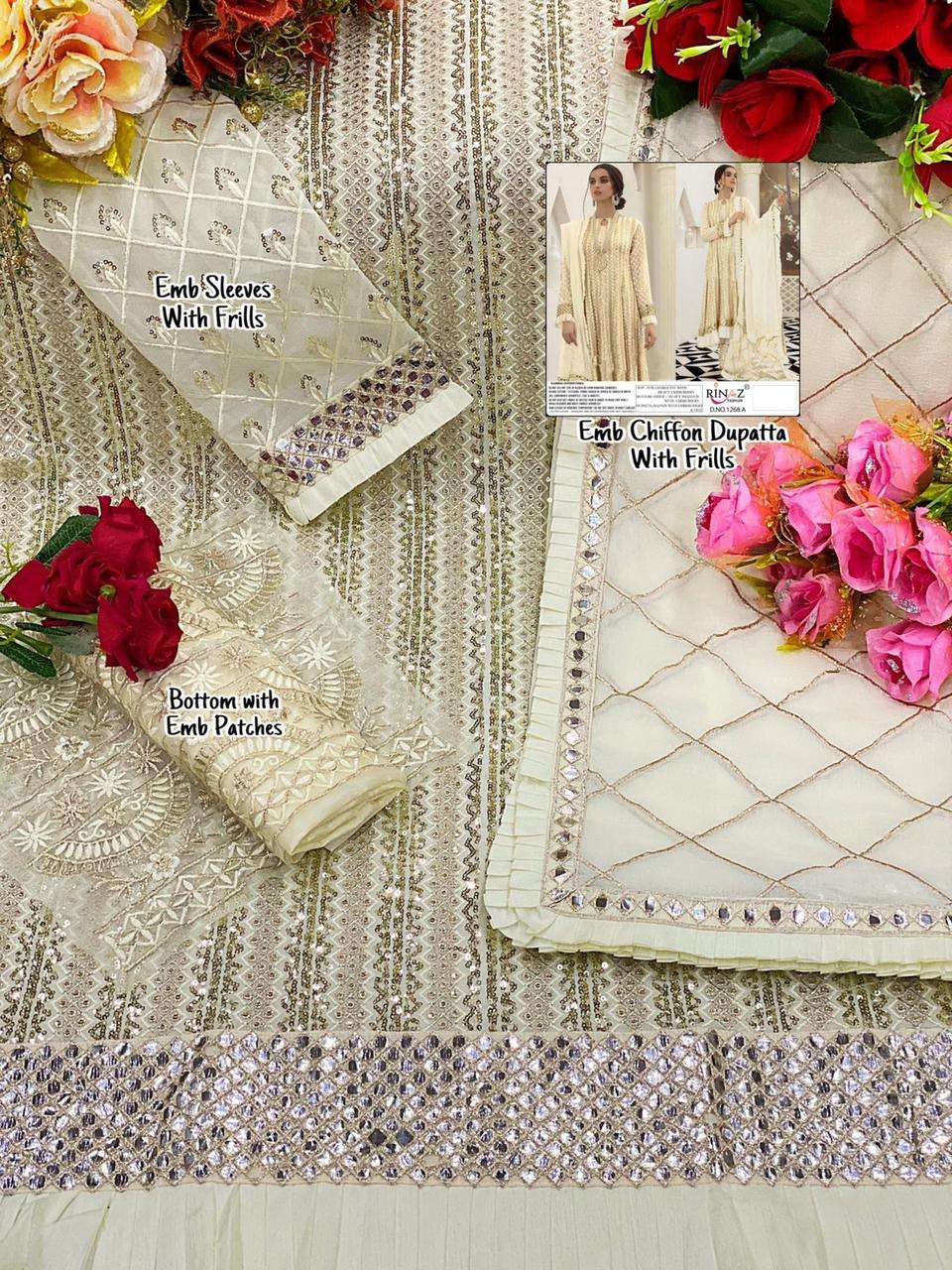 RINAZ 1268 COLOURS BY RINAZ FASHION 1268-A TO 1268-E SERIES BEAUTIFUL STYLISH PAKISTANI SUITS FANCY COLORFUL CASUAL WEAR & ETHNIC WEAR & READY TO WEAR FAUX GEORGETTE EMBROIDERY DRESSES AT WHOLESALE PRICE