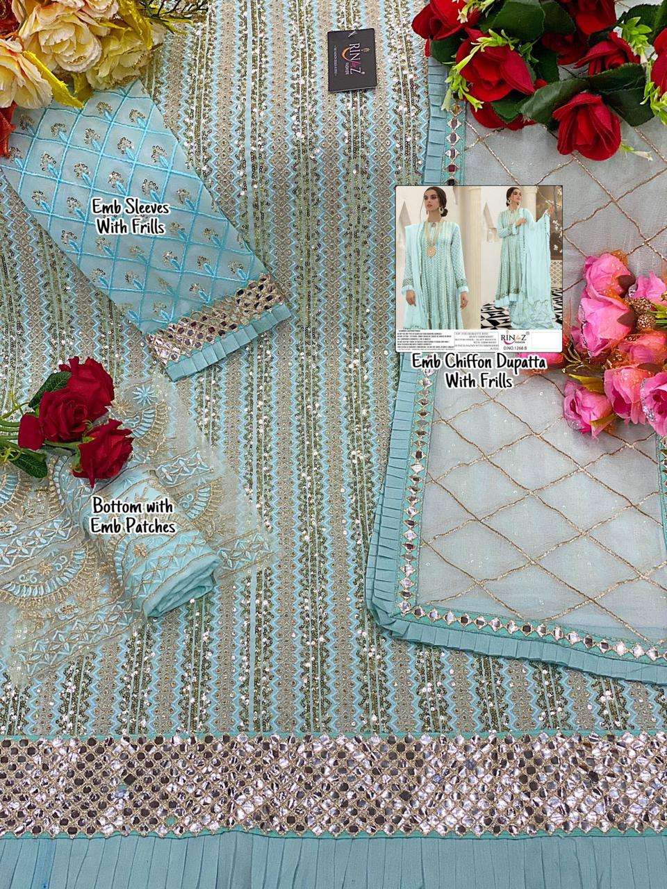 RINAZ 1268 COLOURS BY RINAZ FASHION 1268-A TO 1268-E SERIES BEAUTIFUL STYLISH PAKISTANI SUITS FANCY COLORFUL CASUAL WEAR & ETHNIC WEAR & READY TO WEAR FAUX GEORGETTE EMBROIDERY DRESSES AT WHOLESALE PRICE