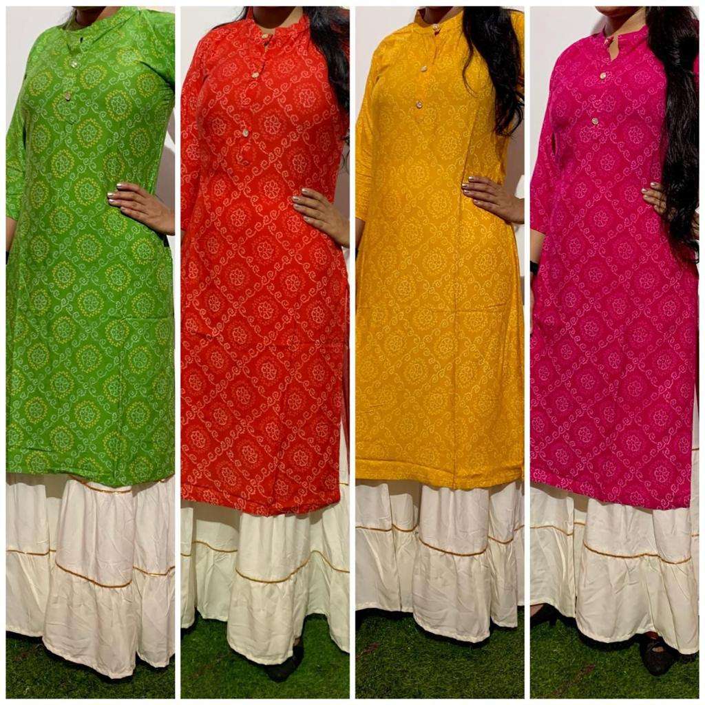 MBL-150 BY KAAMIRI 01 TO 04 SERIES DESIGNER STYLISH FANCY COLORFUL BEAUTIFUL PARTY WEAR & ETHNIC WEAR COLLECTION RAYON BANDHEJ PRINT KURTIS WITH BOTTOM AT WHOLESALE PRICE