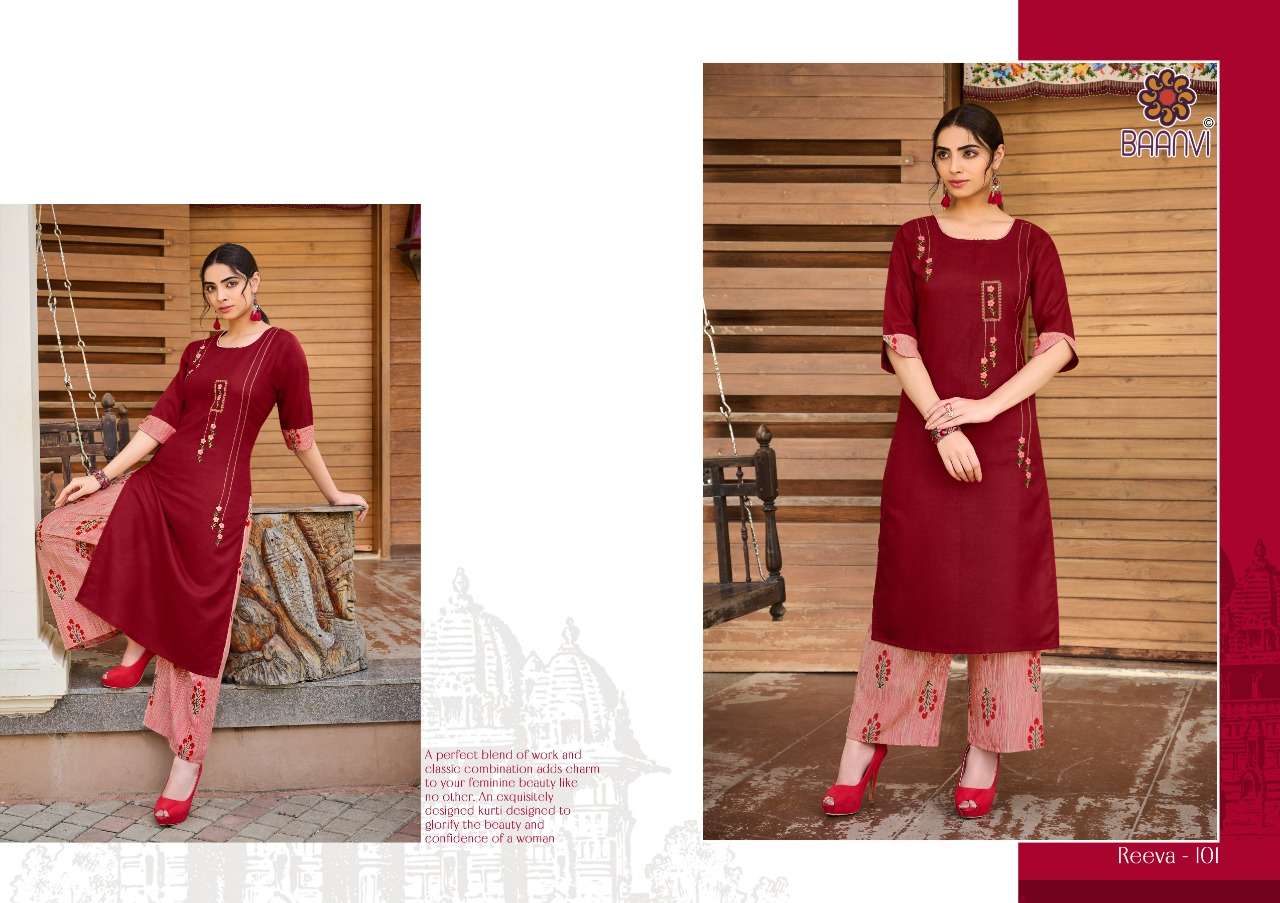 REEVA BY BAANVI 101 TO 108 SERIES DESIGNER STYLISH FANCY COLORFUL BEAUTIFUL PARTY WEAR & ETHNIC WEAR COLLECTION COTTON EMBROIDERED KURTIS WITH BOTTOM AT WHOLESALE PRICE