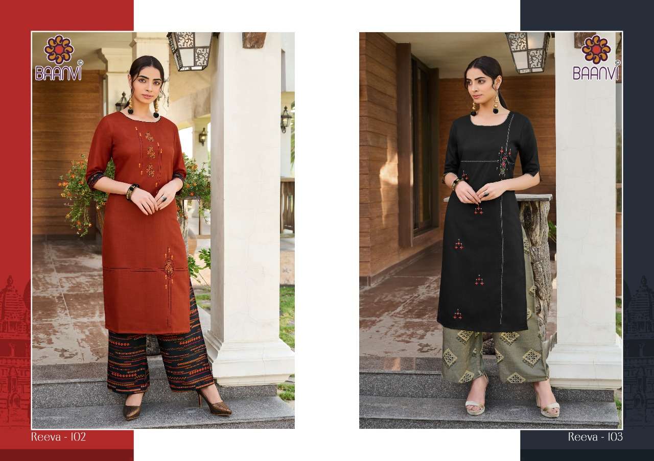 REEVA BY BAANVI 101 TO 108 SERIES DESIGNER STYLISH FANCY COLORFUL BEAUTIFUL PARTY WEAR & ETHNIC WEAR COLLECTION COTTON EMBROIDERED KURTIS WITH BOTTOM AT WHOLESALE PRICE