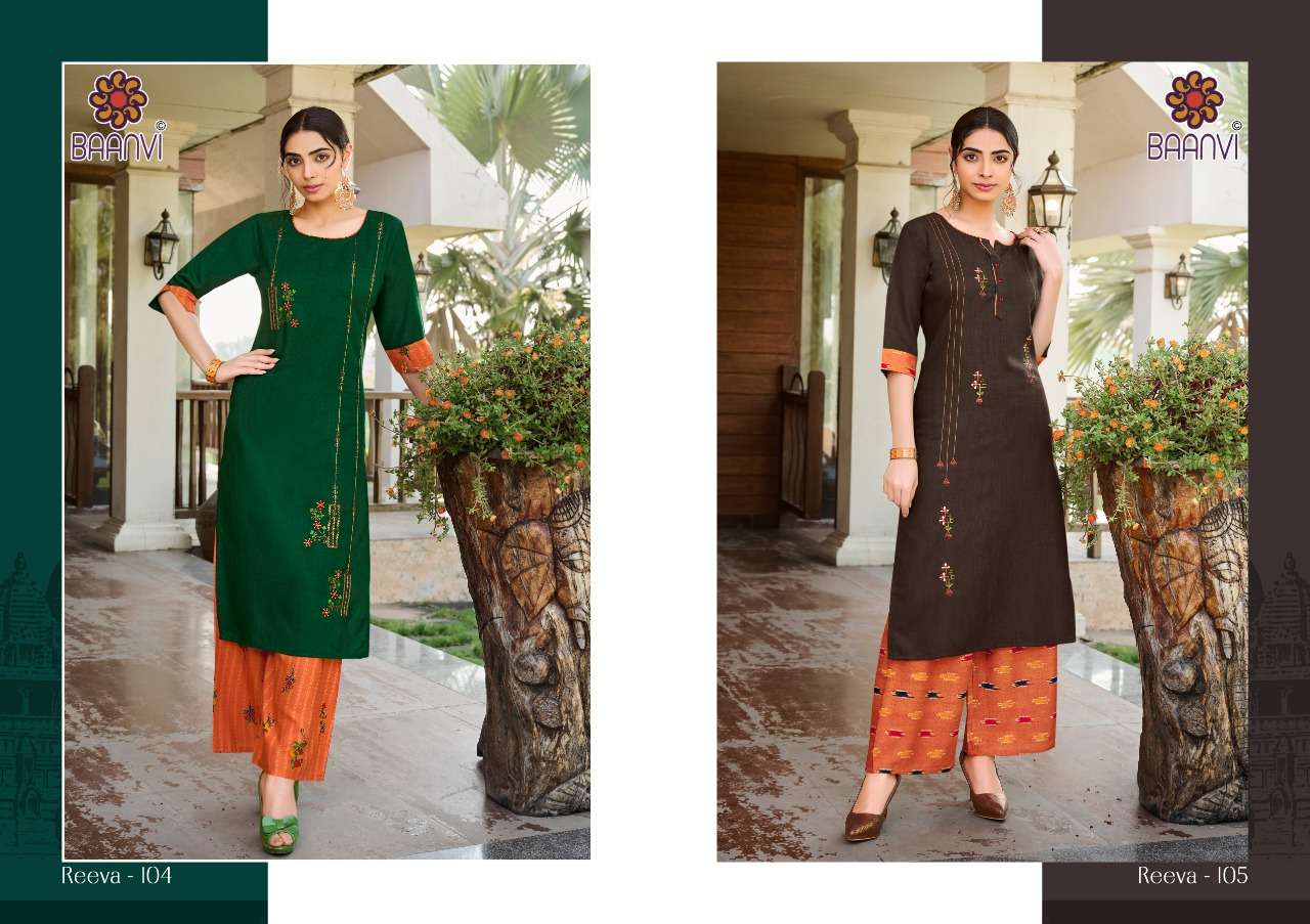REEVA BY BAANVI 101 TO 108 SERIES DESIGNER STYLISH FANCY COLORFUL BEAUTIFUL PARTY WEAR & ETHNIC WEAR COLLECTION COTTON EMBROIDERED KURTIS WITH BOTTOM AT WHOLESALE PRICE