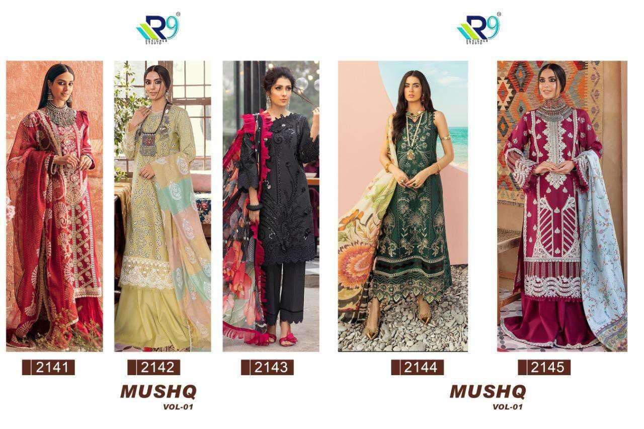 Mushq Vol-1 By R9 2141 To 2145 Series Beautiful Pakistani Suits Colorful Stylish Fancy Casual Wear & Ethnic Wear Cotton With Embroidered Dresses At Wholesale Price