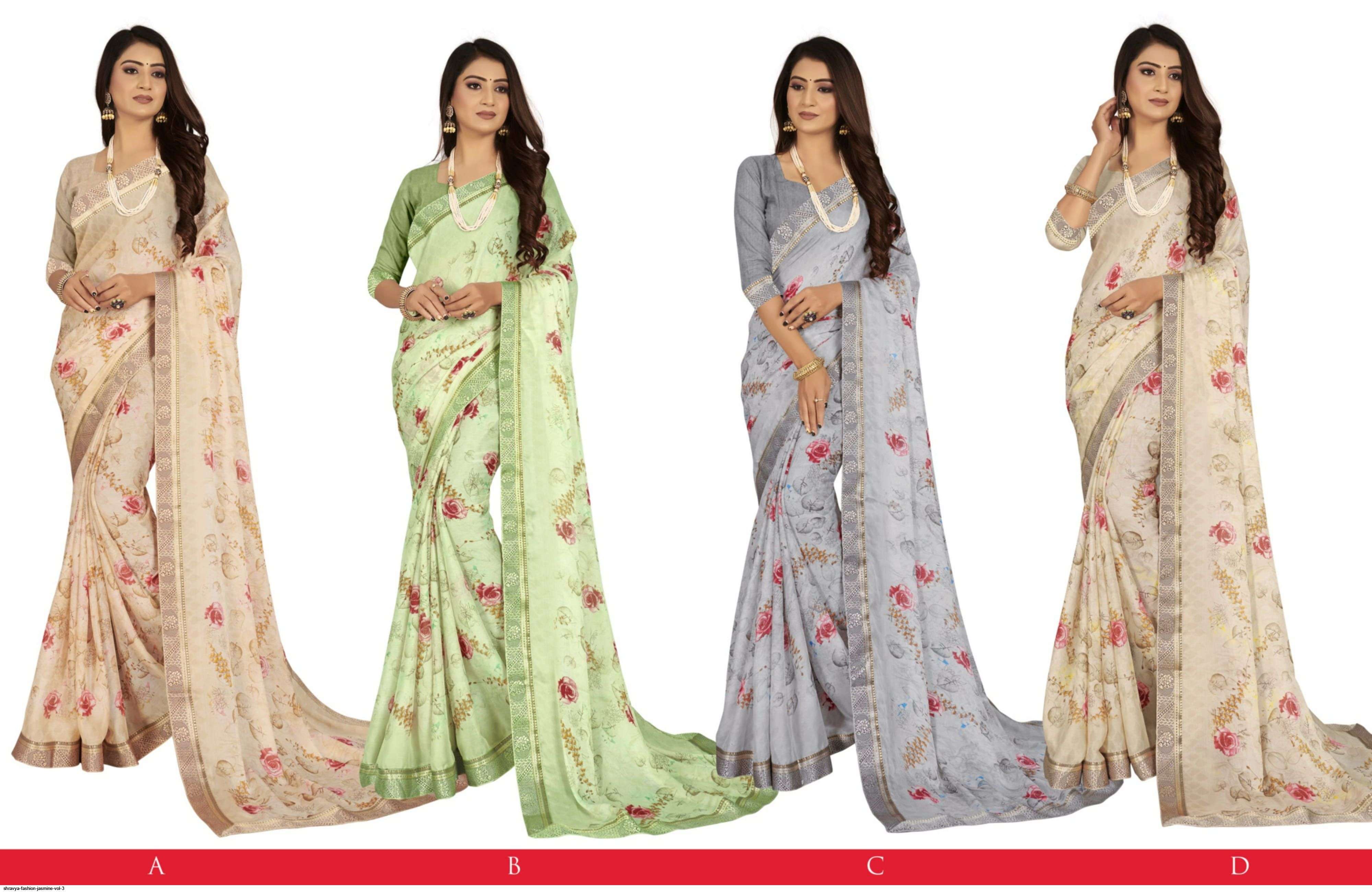 JASMINE VOL-3 BY SHRAVYA A TO H SERIES INDIAN TRADITIONAL WEAR COLLECTION BEAUTIFUL STYLISH FANCY COLORFUL PARTY WEAR & OCCASIONAL WEAR CHIFFON PRINT SAREES AT WHOLESALE PRICE