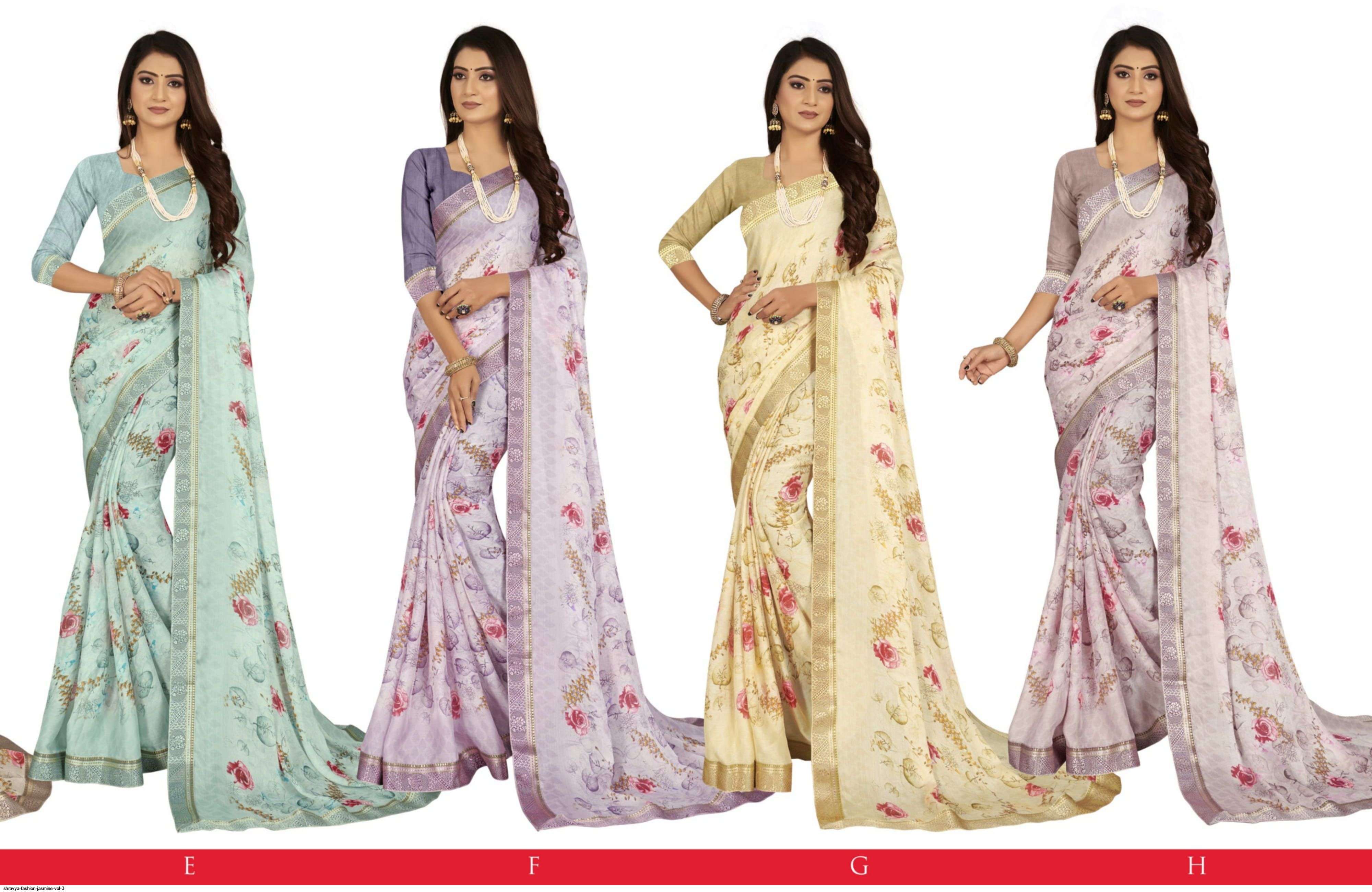 JASMINE VOL-3 BY SHRAVYA A TO H SERIES INDIAN TRADITIONAL WEAR COLLECTION BEAUTIFUL STYLISH FANCY COLORFUL PARTY WEAR & OCCASIONAL WEAR CHIFFON PRINT SAREES AT WHOLESALE PRICE