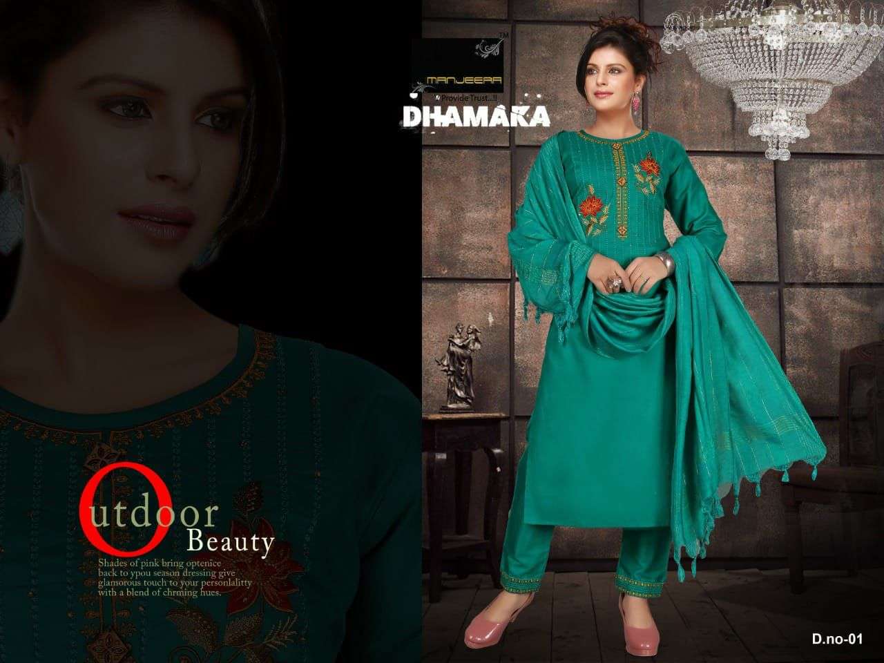 DHAMAKA BY MANJEERA 01 TO 08 SERIES BEAUTIFUL SUITS COLORFUL STYLISH FANCY CASUAL WEAR & ETHNIC WEAR JAM SATIN DRESSES AT WHOLESALE PRICE
