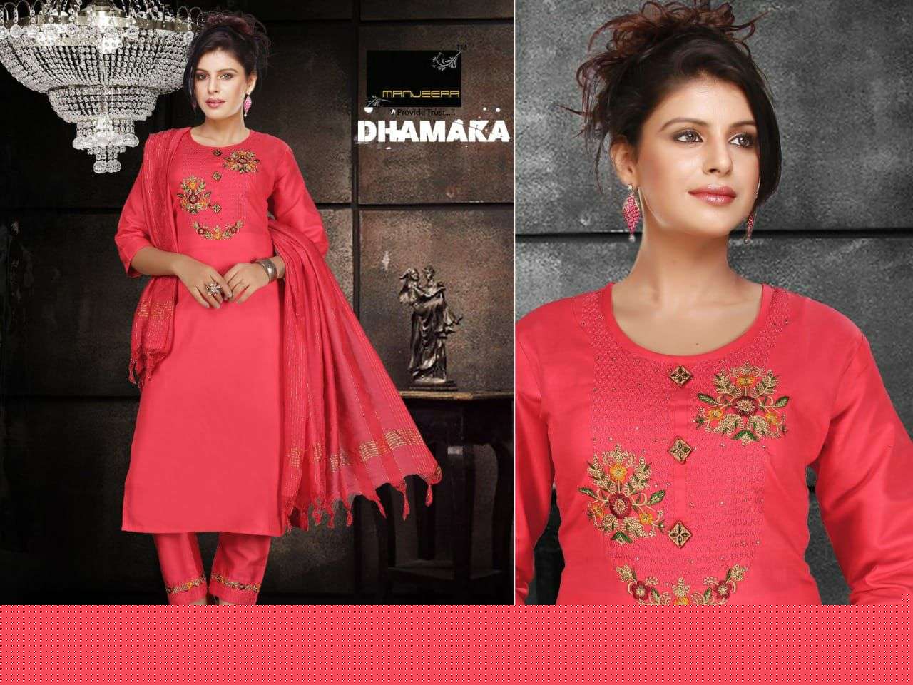 DHAMAKA BY MANJEERA 01 TO 08 SERIES BEAUTIFUL SUITS COLORFUL STYLISH FANCY CASUAL WEAR & ETHNIC WEAR JAM SATIN DRESSES AT WHOLESALE PRICE