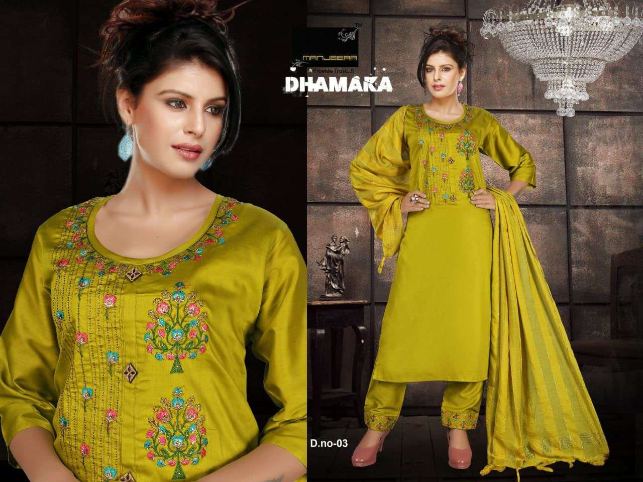 DHAMAKA BY MANJEERA 01 TO 08 SERIES BEAUTIFUL SUITS COLORFUL STYLISH FANCY CASUAL WEAR & ETHNIC WEAR JAM SATIN DRESSES AT WHOLESALE PRICE