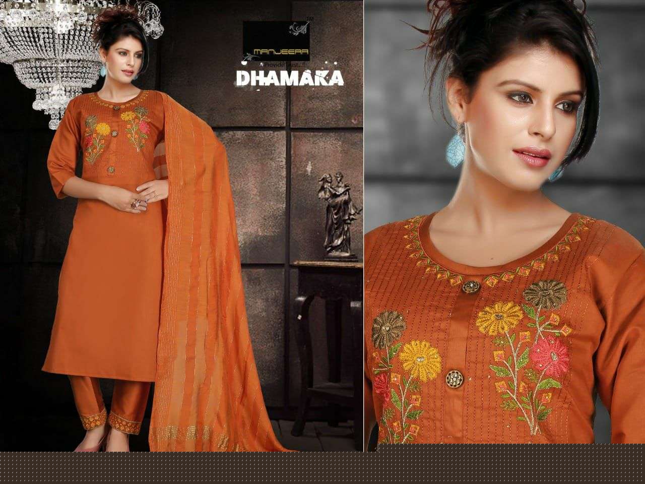 DHAMAKA BY MANJEERA 01 TO 08 SERIES BEAUTIFUL SUITS COLORFUL STYLISH FANCY CASUAL WEAR & ETHNIC WEAR JAM SATIN DRESSES AT WHOLESALE PRICE