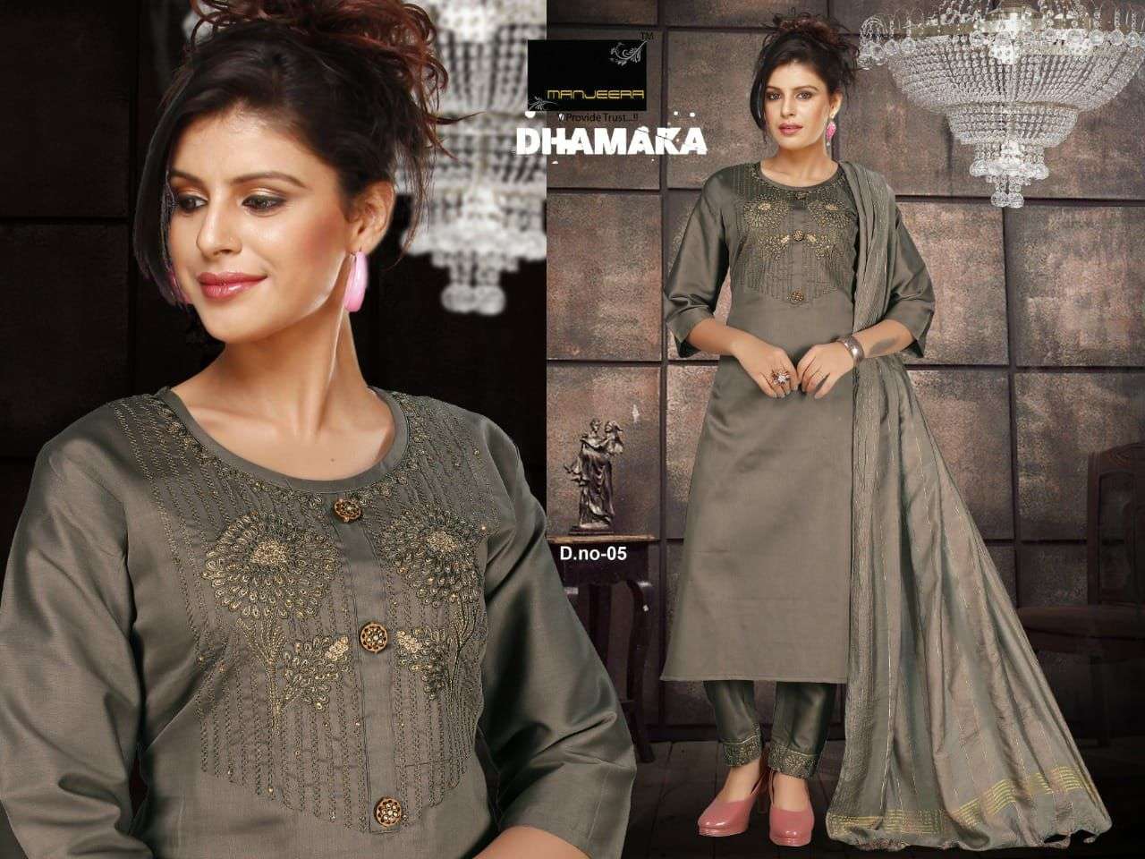 DHAMAKA BY MANJEERA 01 TO 08 SERIES BEAUTIFUL SUITS COLORFUL STYLISH FANCY CASUAL WEAR & ETHNIC WEAR JAM SATIN DRESSES AT WHOLESALE PRICE