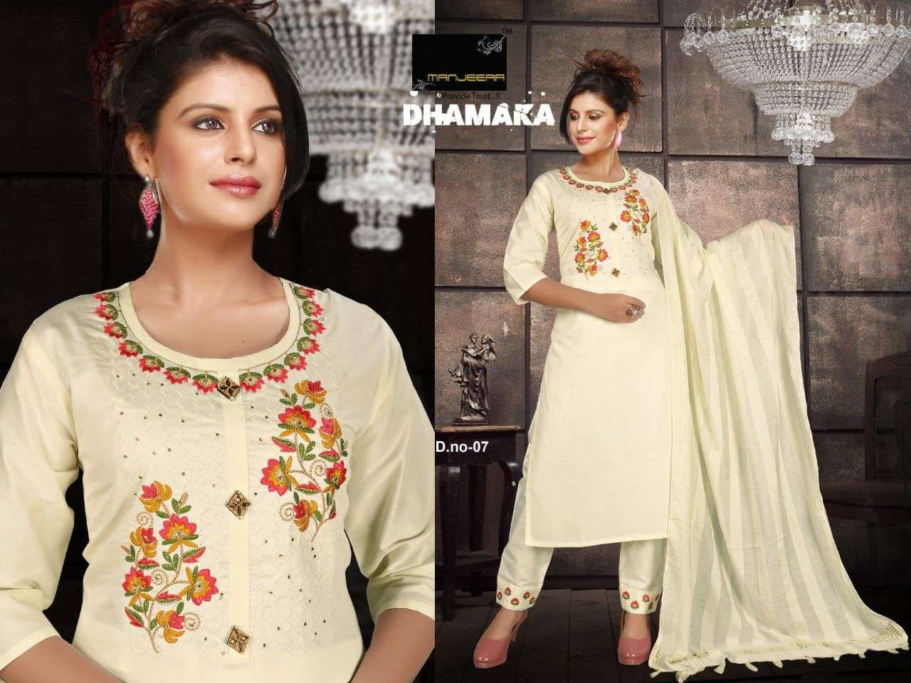 DHAMAKA BY MANJEERA 01 TO 08 SERIES BEAUTIFUL SUITS COLORFUL STYLISH FANCY CASUAL WEAR & ETHNIC WEAR JAM SATIN DRESSES AT WHOLESALE PRICE