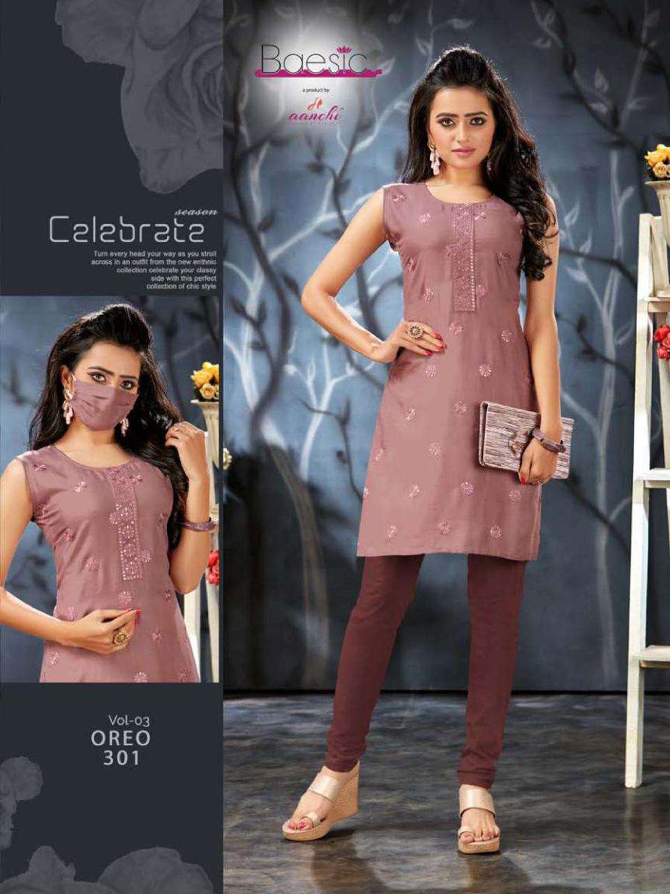 OREO VOL-3 BY BAESIC 301 TO 306 SERIES DESIGNER STYLISH FANCY COLORFUL BEAUTIFUL PARTY WEAR & ETHNIC WEAR COLLECTION RAYON SLUB KURTIS AT WHOLESALE PRICE