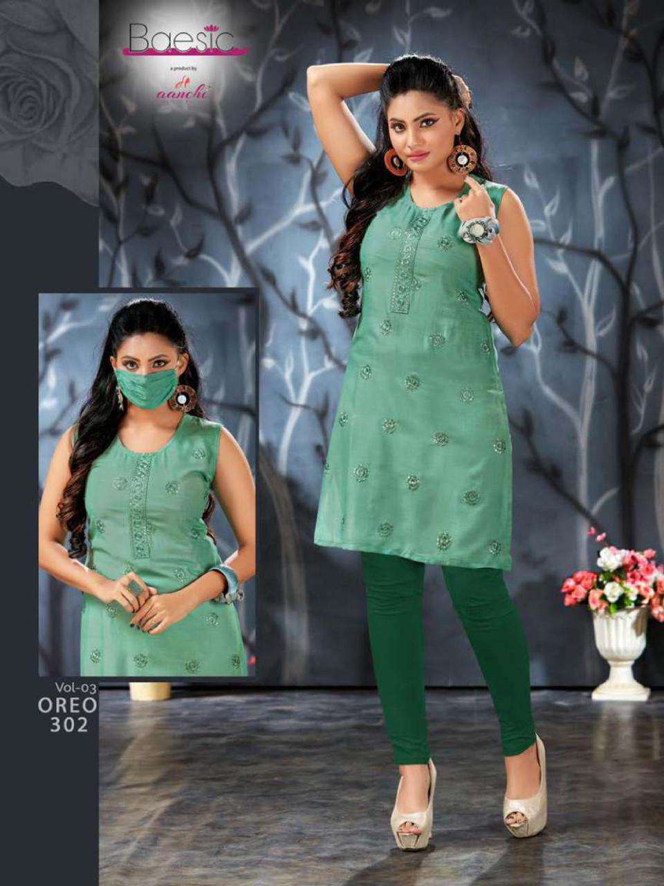 OREO VOL-3 BY BAESIC 301 TO 306 SERIES DESIGNER STYLISH FANCY COLORFUL BEAUTIFUL PARTY WEAR & ETHNIC WEAR COLLECTION RAYON SLUB KURTIS AT WHOLESALE PRICE
