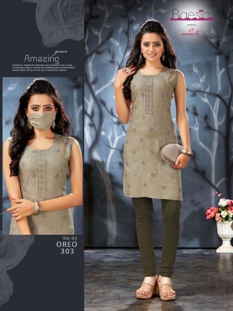 OREO VOL-3 BY BAESIC 301 TO 306 SERIES DESIGNER STYLISH FANCY COLORFUL BEAUTIFUL PARTY WEAR & ETHNIC WEAR COLLECTION RAYON SLUB KURTIS AT WHOLESALE PRICE