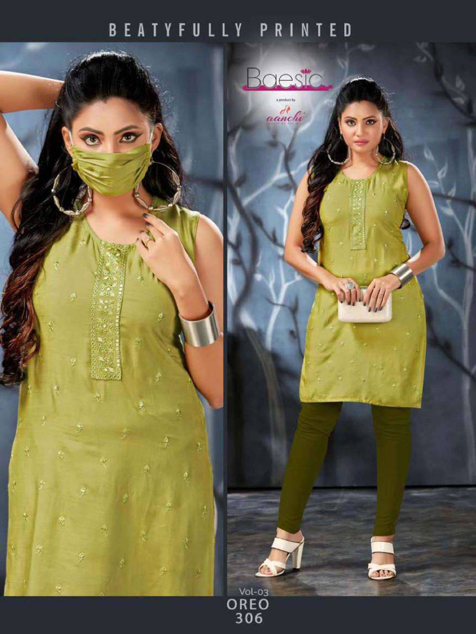 OREO VOL-3 BY BAESIC 301 TO 306 SERIES DESIGNER STYLISH FANCY COLORFUL BEAUTIFUL PARTY WEAR & ETHNIC WEAR COLLECTION RAYON SLUB KURTIS AT WHOLESALE PRICE