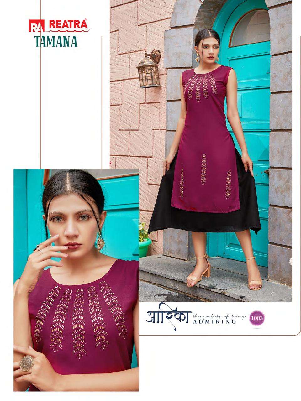 TAMANA BY REATRA 1001 TO 1006 SERIES DESIGNER STYLISH FANCY COLORFUL BEAUTIFUL PARTY WEAR & ETHNIC WEAR COLLECTION RAYON KURTIS AT WHOLESALE PRICE