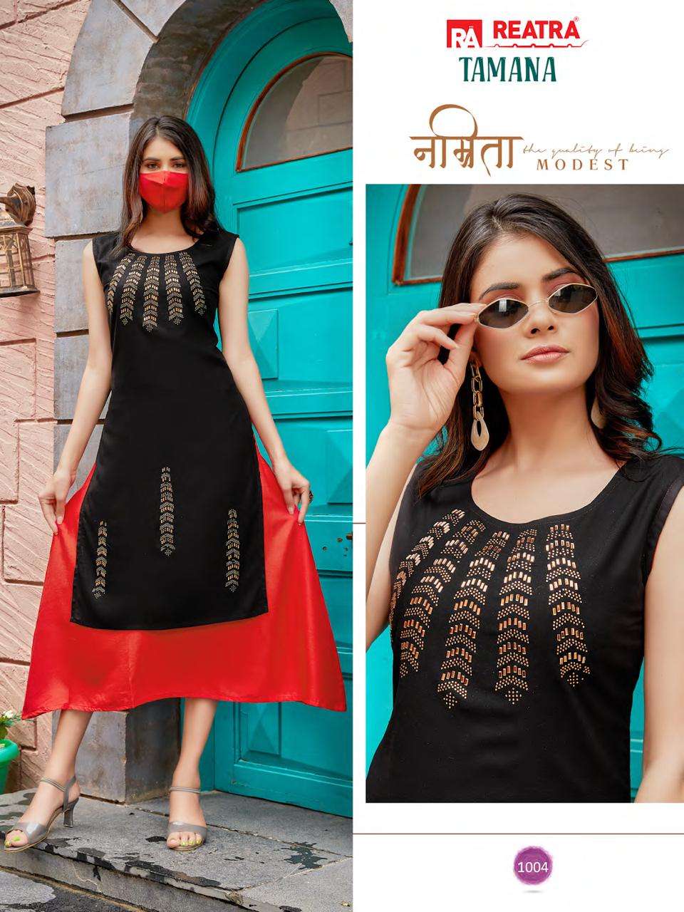 TAMANA BY REATRA 1001 TO 1006 SERIES DESIGNER STYLISH FANCY COLORFUL BEAUTIFUL PARTY WEAR & ETHNIC WEAR COLLECTION RAYON KURTIS AT WHOLESALE PRICE