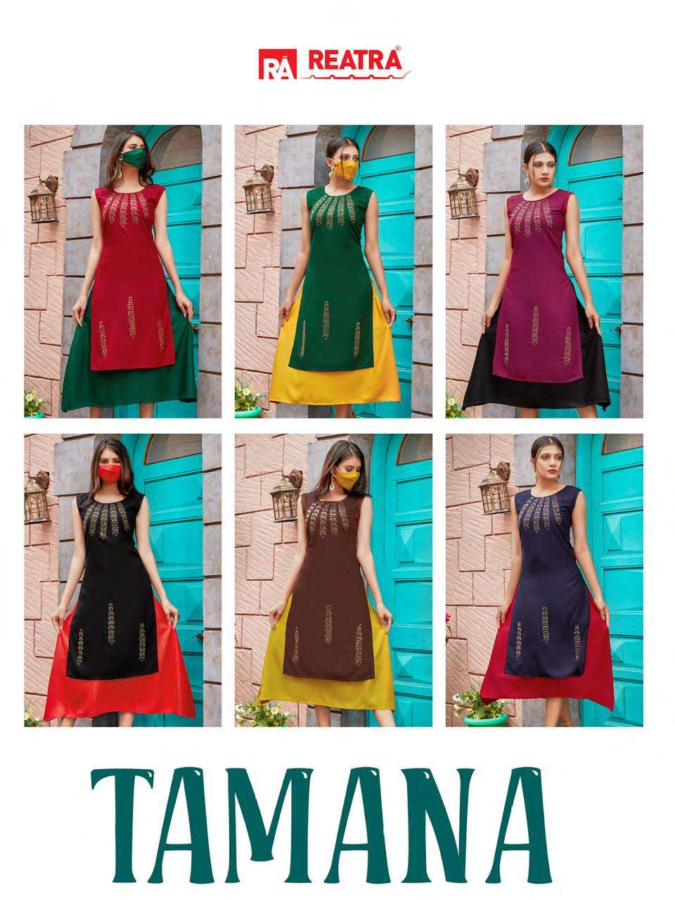 TAMANA BY REATRA 1001 TO 1006 SERIES DESIGNER STYLISH FANCY COLORFUL BEAUTIFUL PARTY WEAR & ETHNIC WEAR COLLECTION RAYON KURTIS AT WHOLESALE PRICE