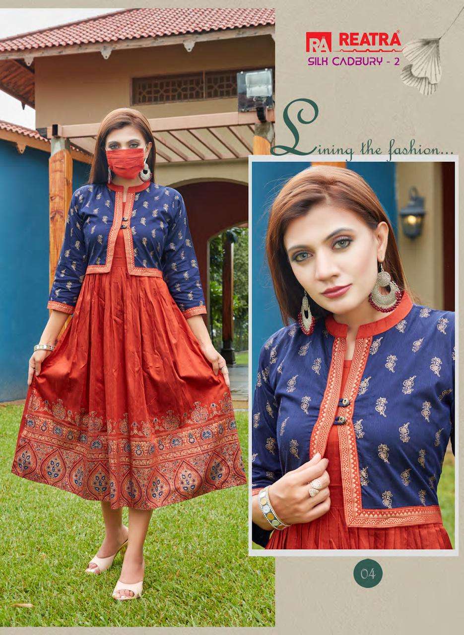 SILK CADBURY VOL-2 BY REATRA 01 TO 06 SERIES DESIGNER STYLISH FANCY COLORFUL BEAUTIFUL PARTY WEAR & ETHNIC WEAR COLLECTION SILK KURTIS WITH JACKET AT WHOLESALE PRICE