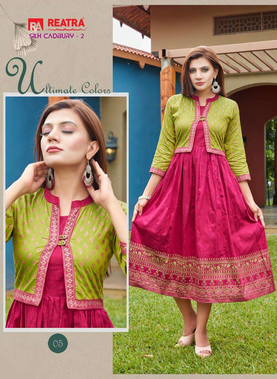 SILK CADBURY VOL-2 BY REATRA 01 TO 06 SERIES DESIGNER STYLISH FANCY COLORFUL BEAUTIFUL PARTY WEAR & ETHNIC WEAR COLLECTION SILK KURTIS WITH JACKET AT WHOLESALE PRICE