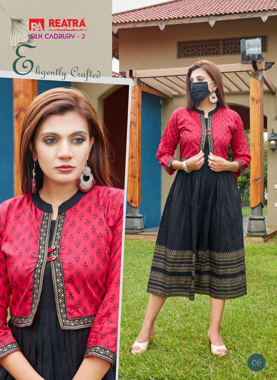 SILK CADBURY VOL-2 BY REATRA 01 TO 06 SERIES DESIGNER STYLISH FANCY COLORFUL BEAUTIFUL PARTY WEAR & ETHNIC WEAR COLLECTION SILK KURTIS WITH JACKET AT WHOLESALE PRICE